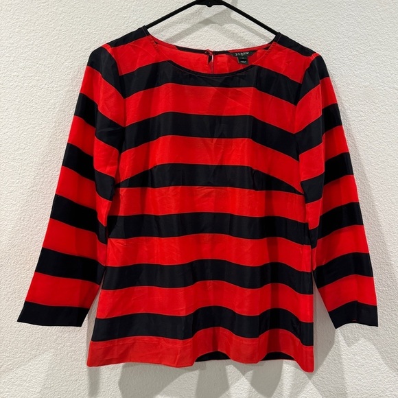 J. Crew Factory Red Black Striped Rounded Neck Quarter Sleeve Blouse Top Size XS - Picture 1 of 13